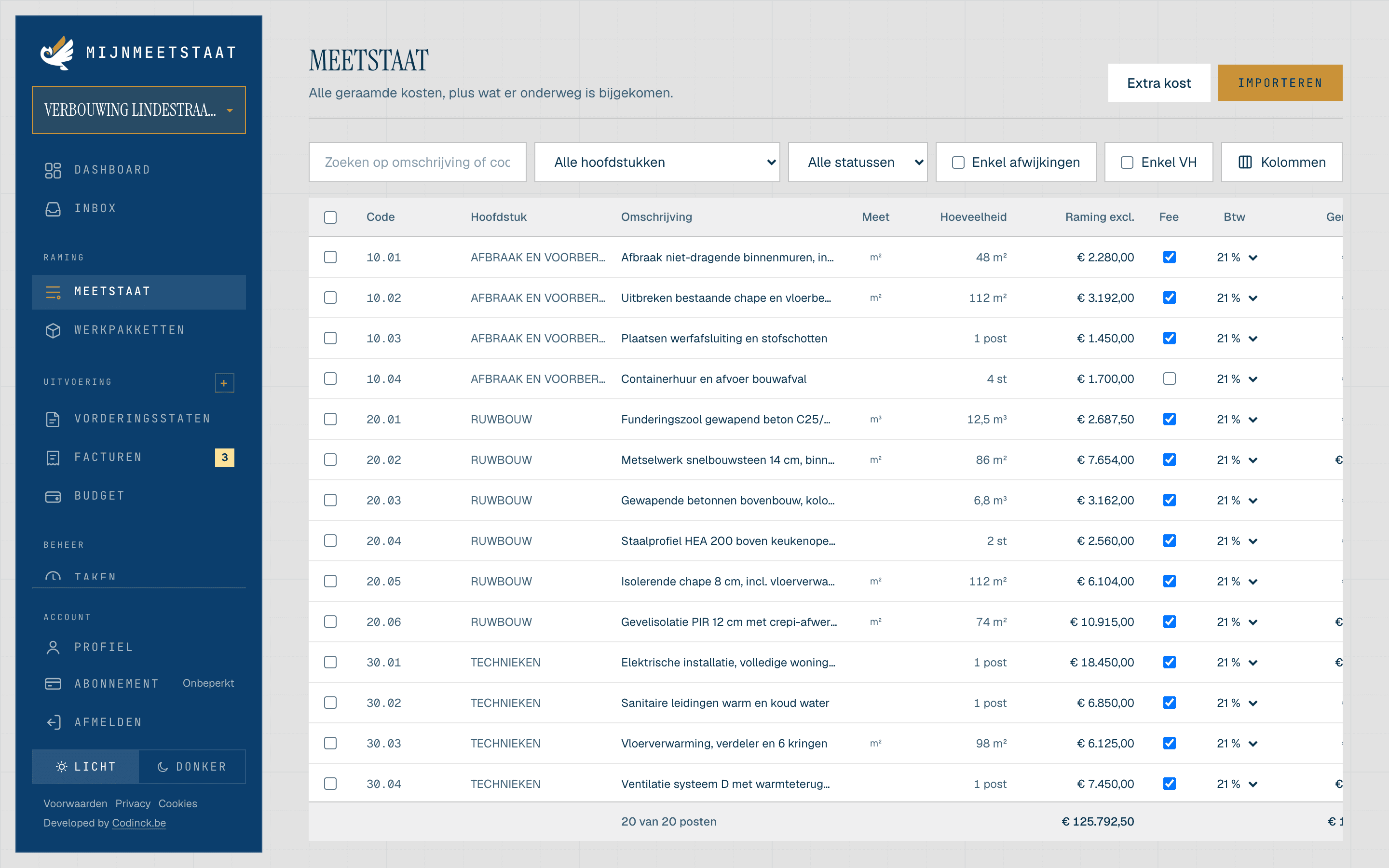 De meetstaat in MijnMeetstaat: raminglijnen met code, hoofdstuk, hoeveelheid, raming, fee en btw per lijn.